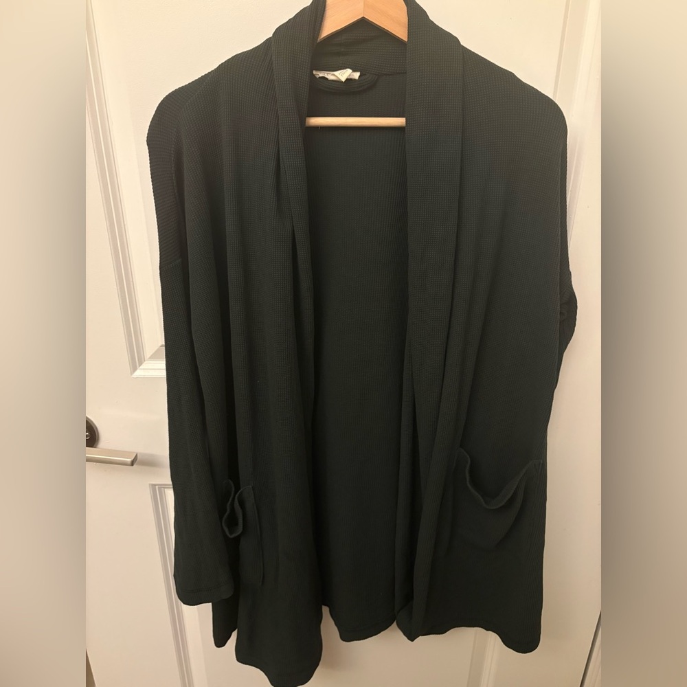 Eileen Fisher Long Open Cardigan 98% Organic Cotton Dark Green Size XXS/XS